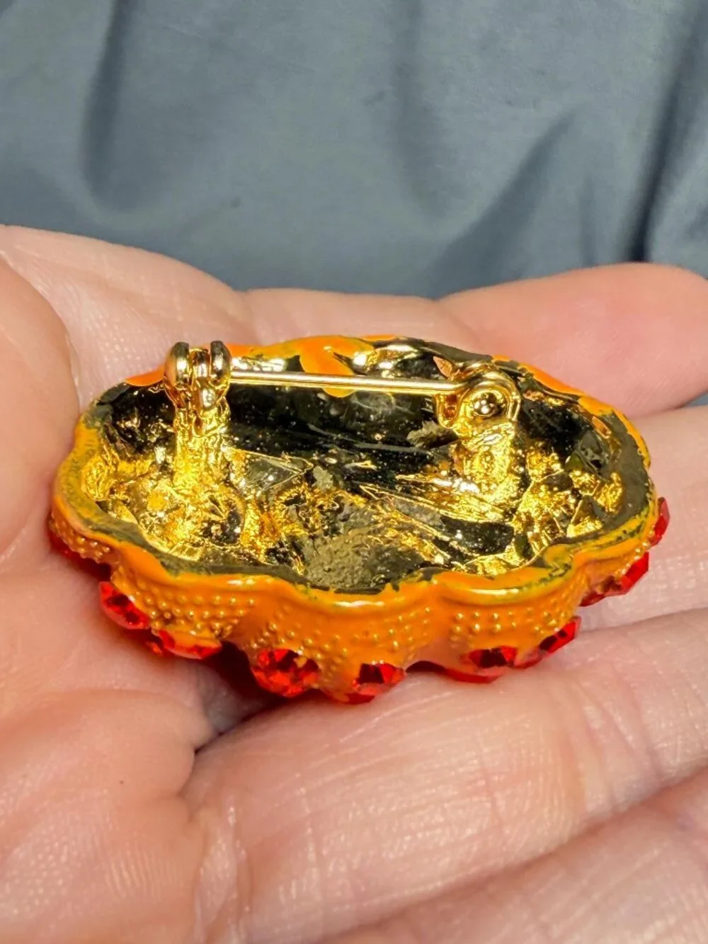 Rhinestone Pumpkin Brooch Orange Enamel Fall Pin Green Stem 1.25